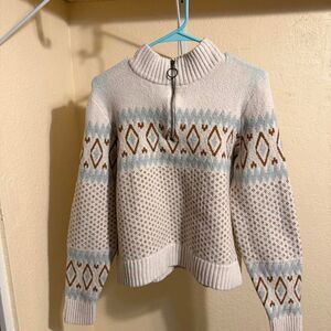 Vintage Style Fair Isle Quarter Zip Knit Sweater Cream Blue Size L